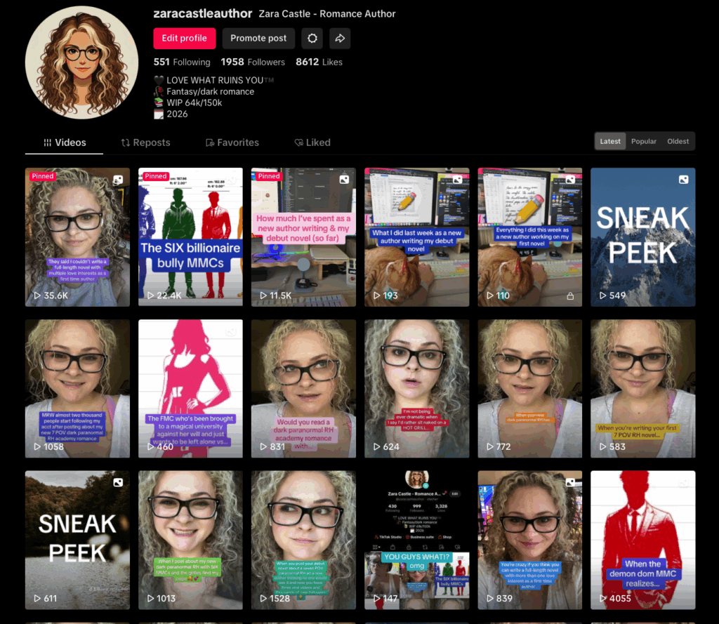 Screenshot of Zara Castle's TikTok profile
